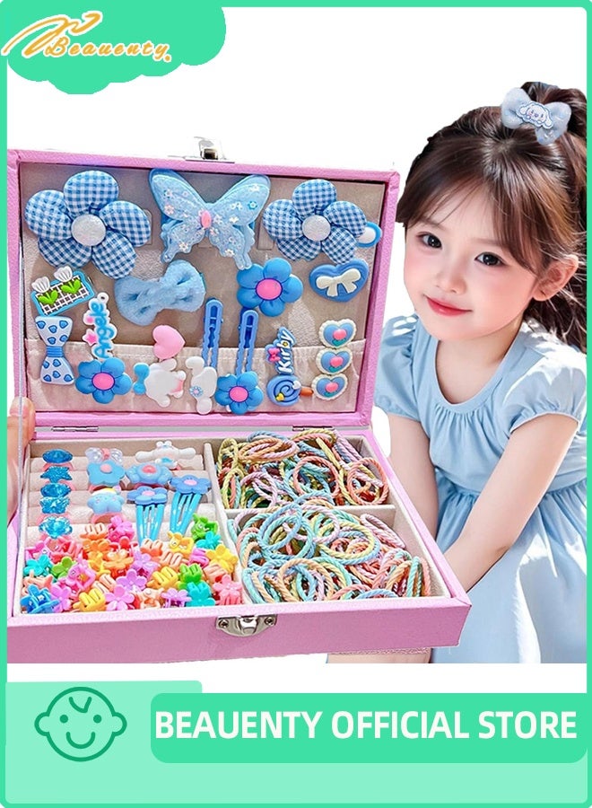 بيوينتي مجموعة ملحقات الشعر ، مجموعة لباس الشعر للبنات مع صندوق المجوهرات ، ربطات الشعر ، مقاطع الشعر ، مجموعة ألعاب الأميرة الفاخرة ، ألعاب هدايا لسن 3 4 5 6 7 8 9 10 البنات الأطفال الصغار (الأزرق) - Image 1